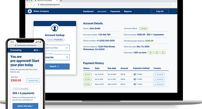 Capture d'écran des paiements Promise montrant les comptes et l'approbation d'un plan de paiement.