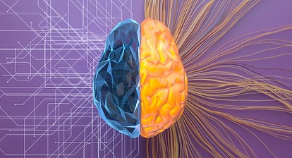 Image générée numériquement de la structure de filet/turbulence divisée du cerveau de l'intelligence artificielle sur la surface violette.
