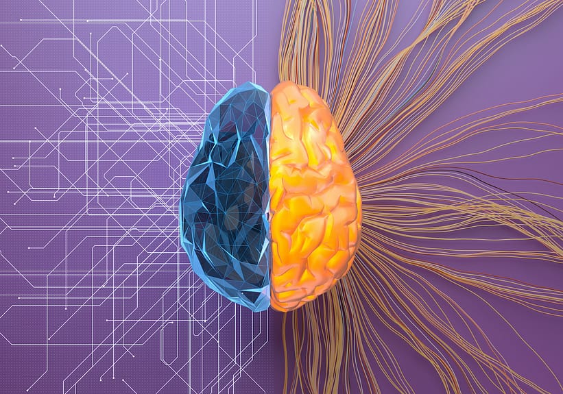 Image générée numériquement de la structure de filet/turbulence divisée du cerveau de l'intelligence artificielle sur la surface violette.