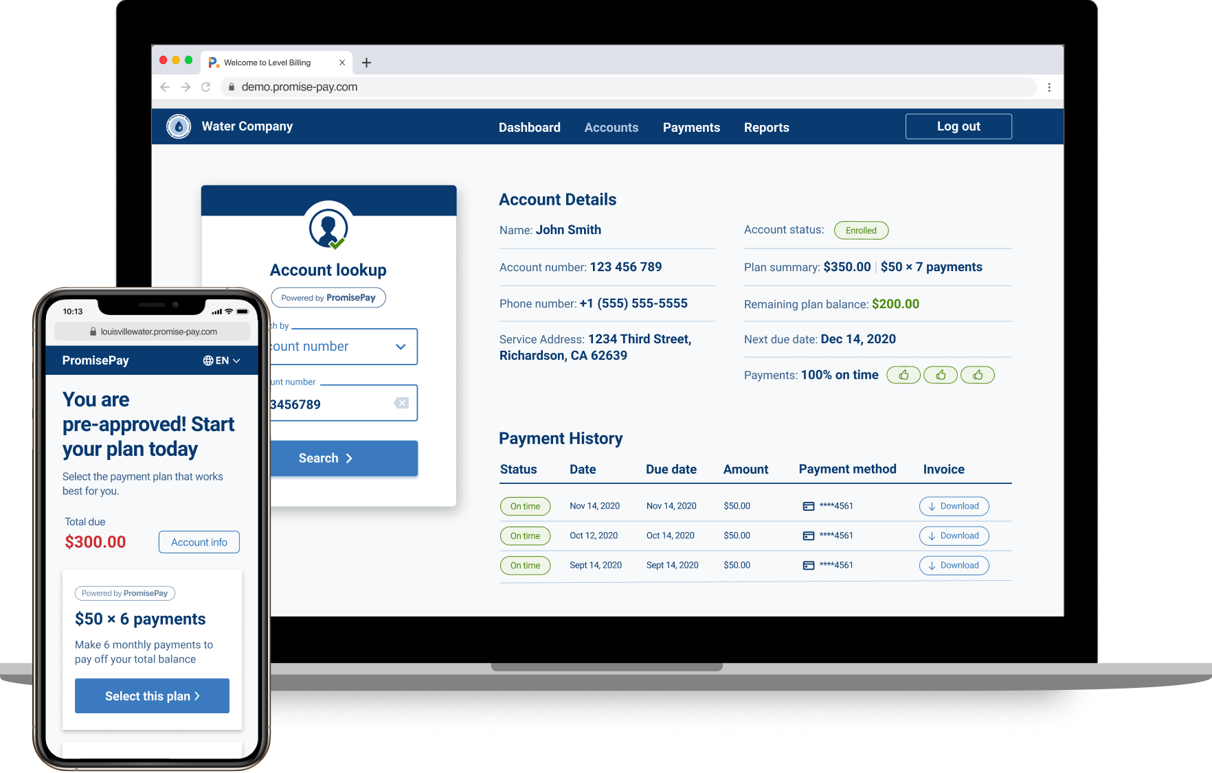 Capture d'écran des paiements Promise montrant les comptes et l'approbation d'un plan de paiement.