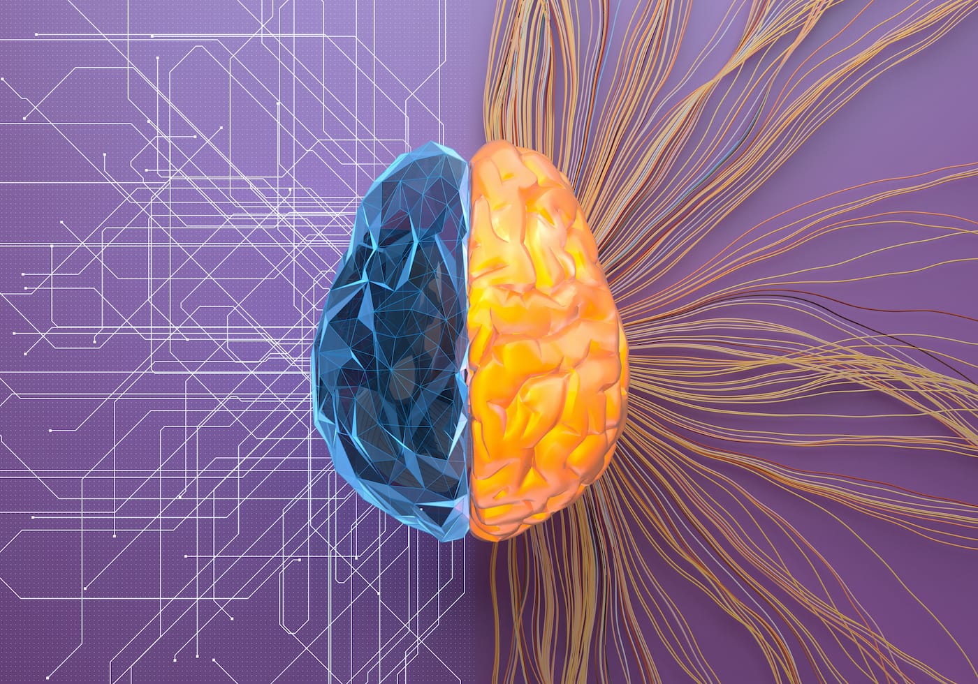 Image générée numériquement de la structure de filet/turbulence divisée du cerveau de l'intelligence artificielle sur la surface violette.